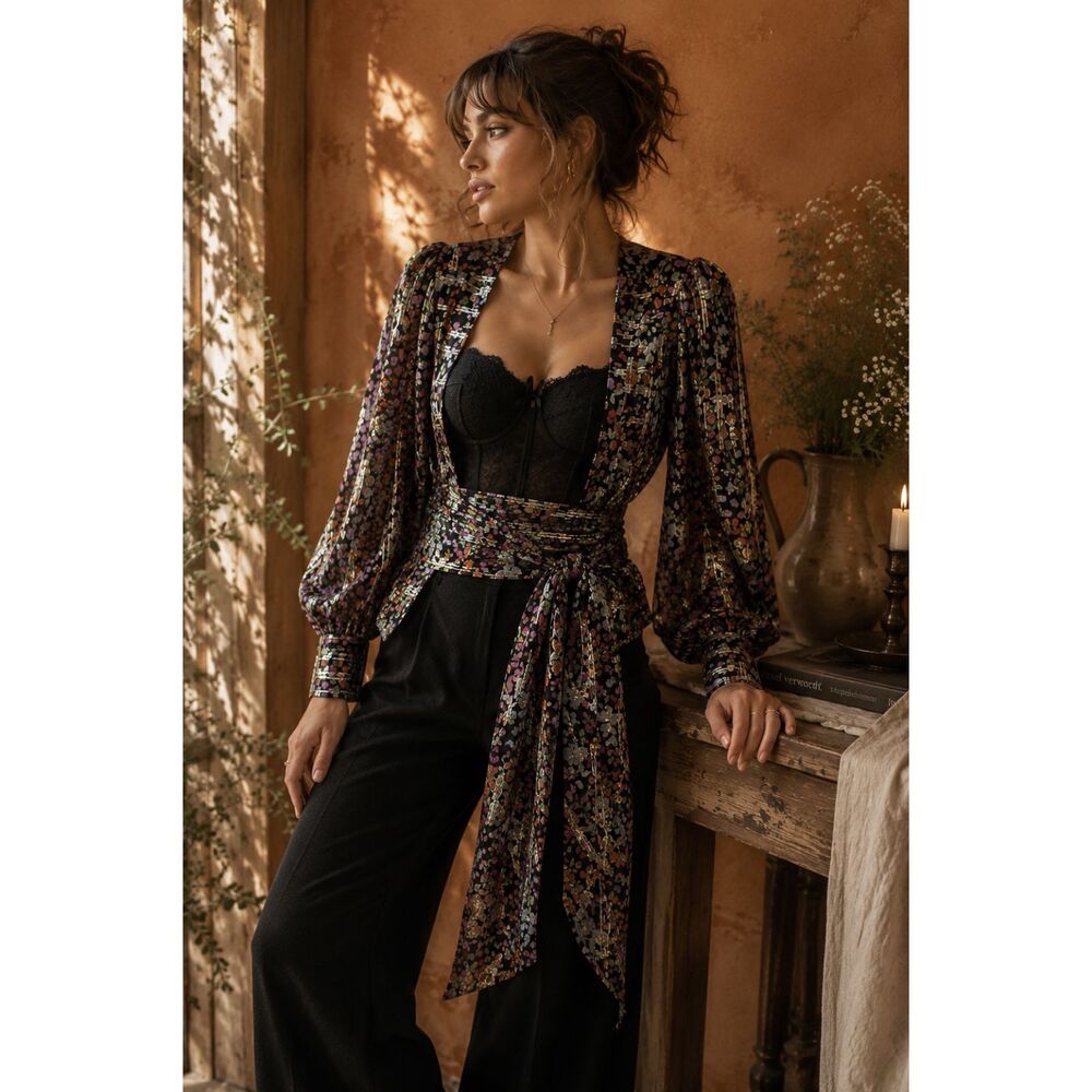 ba&sh Flaure Floral Metallic Wrap Blouse Black Multicolor Tie Waist Size M